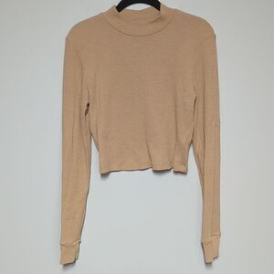 Tna Camel Mock Turtleneck Cropped Thermal Long Sleeve Blouse